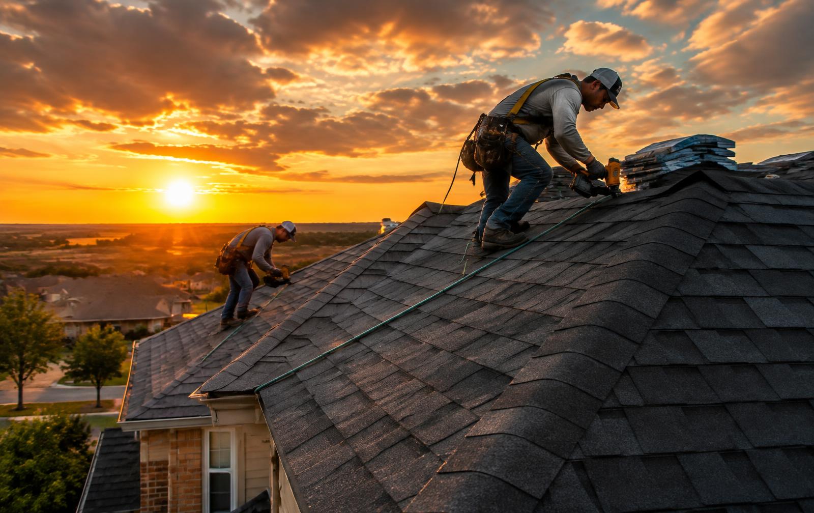 Roofers installing shingles at sunset